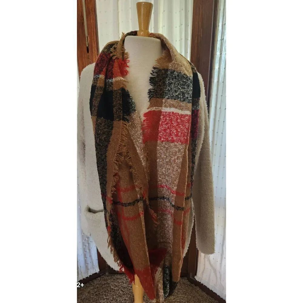 Red black gold plaid infinity scarf/wrap with fringe Fall Winter Autumn
